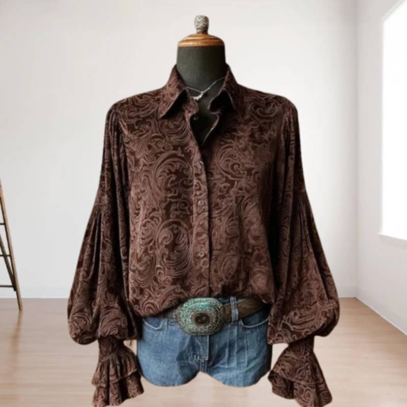 Boho Chic Floral Blouse Vintage Button-Up with Bell Sleeves