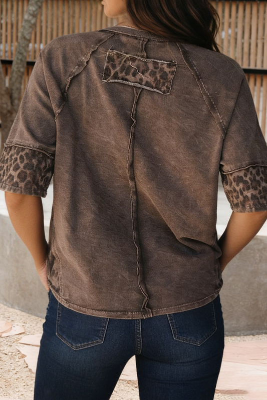 Mineral Wash Exposed Seam Leopard Star Patched Shirt (S-XL)