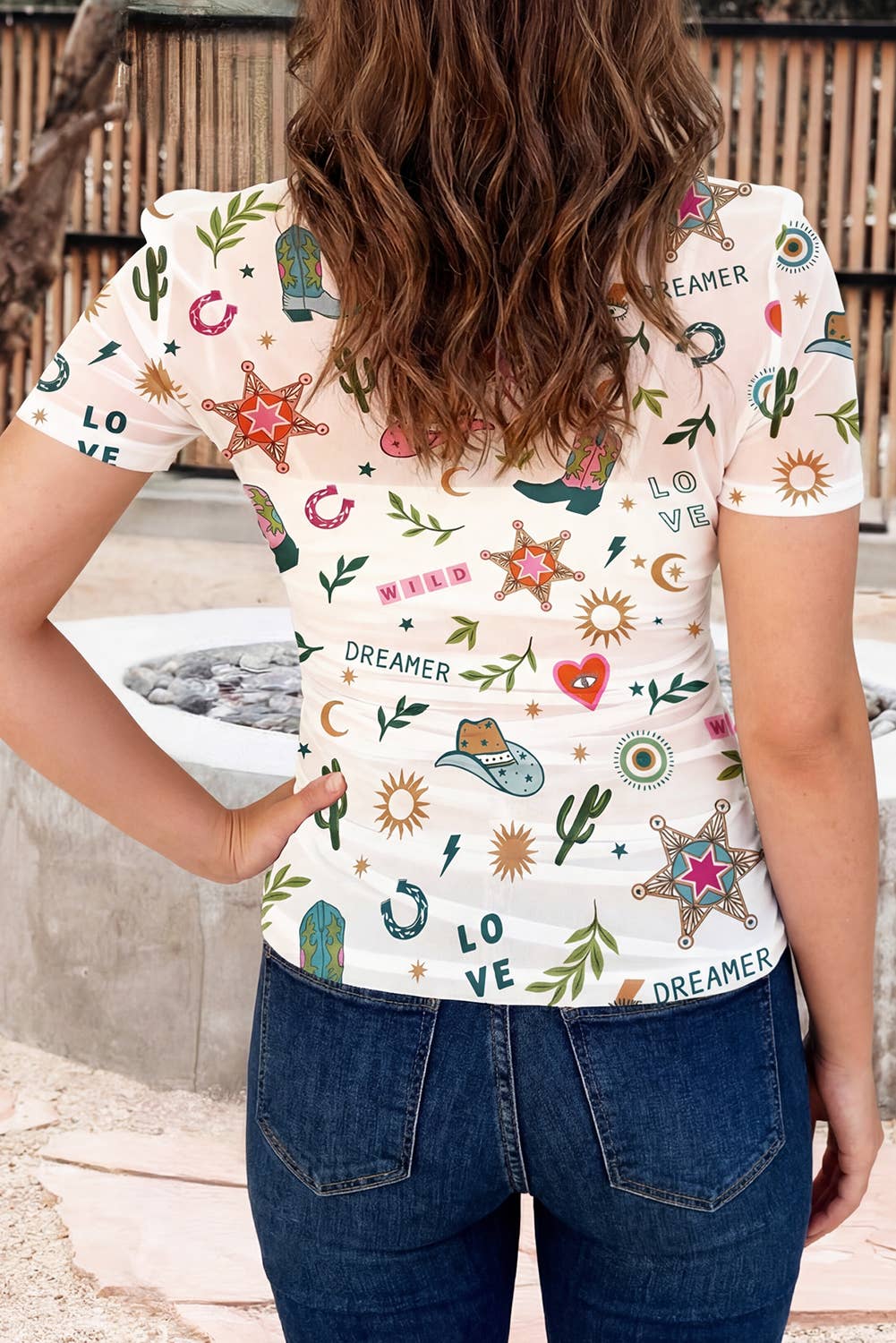 LOVE WILD DREAMER Western Print Sheer Mesh Top (S-XL)