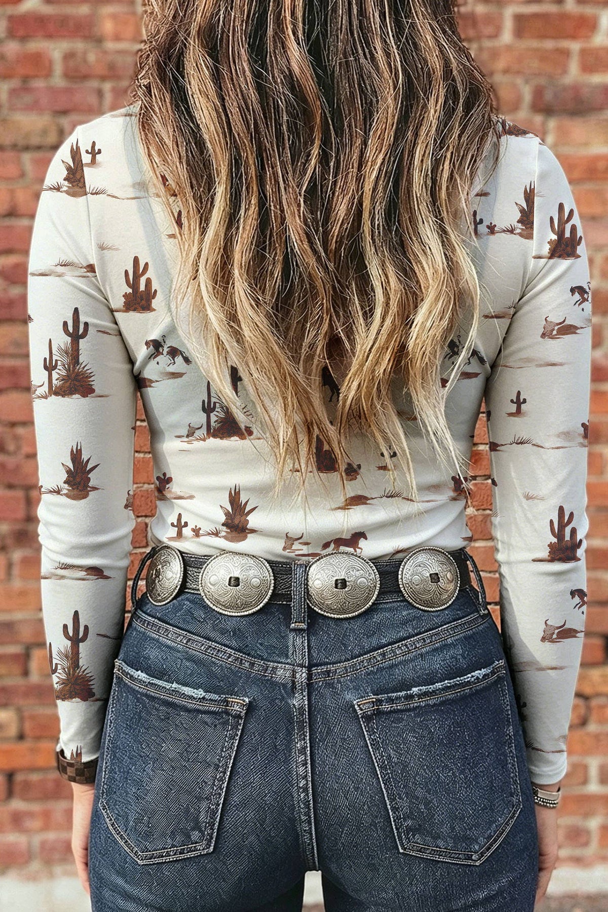 Western Pattern Mesh Mock Neck Top (S-XL)