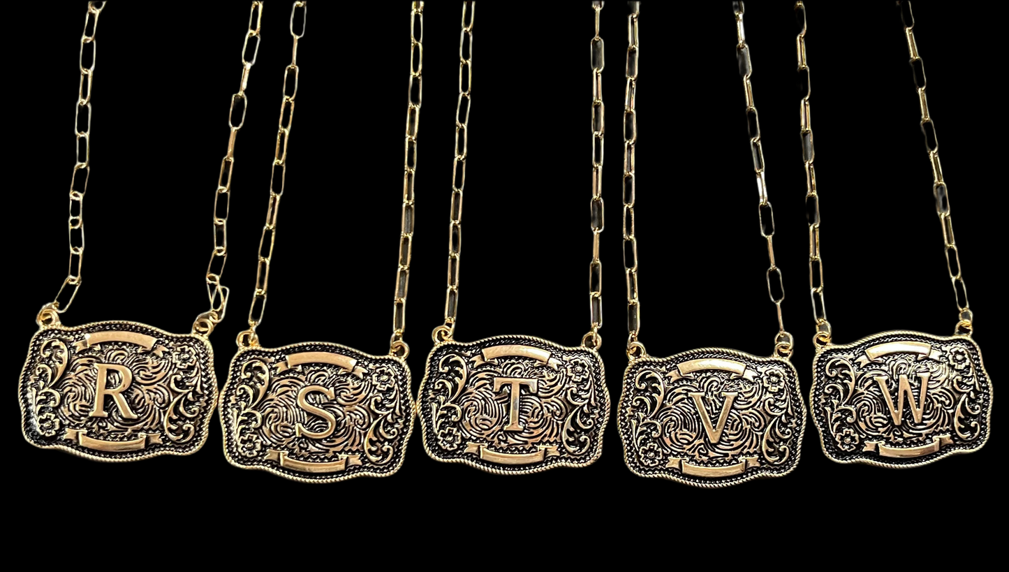 Western Belt Buckle Initial Necklace (Gold Plated)