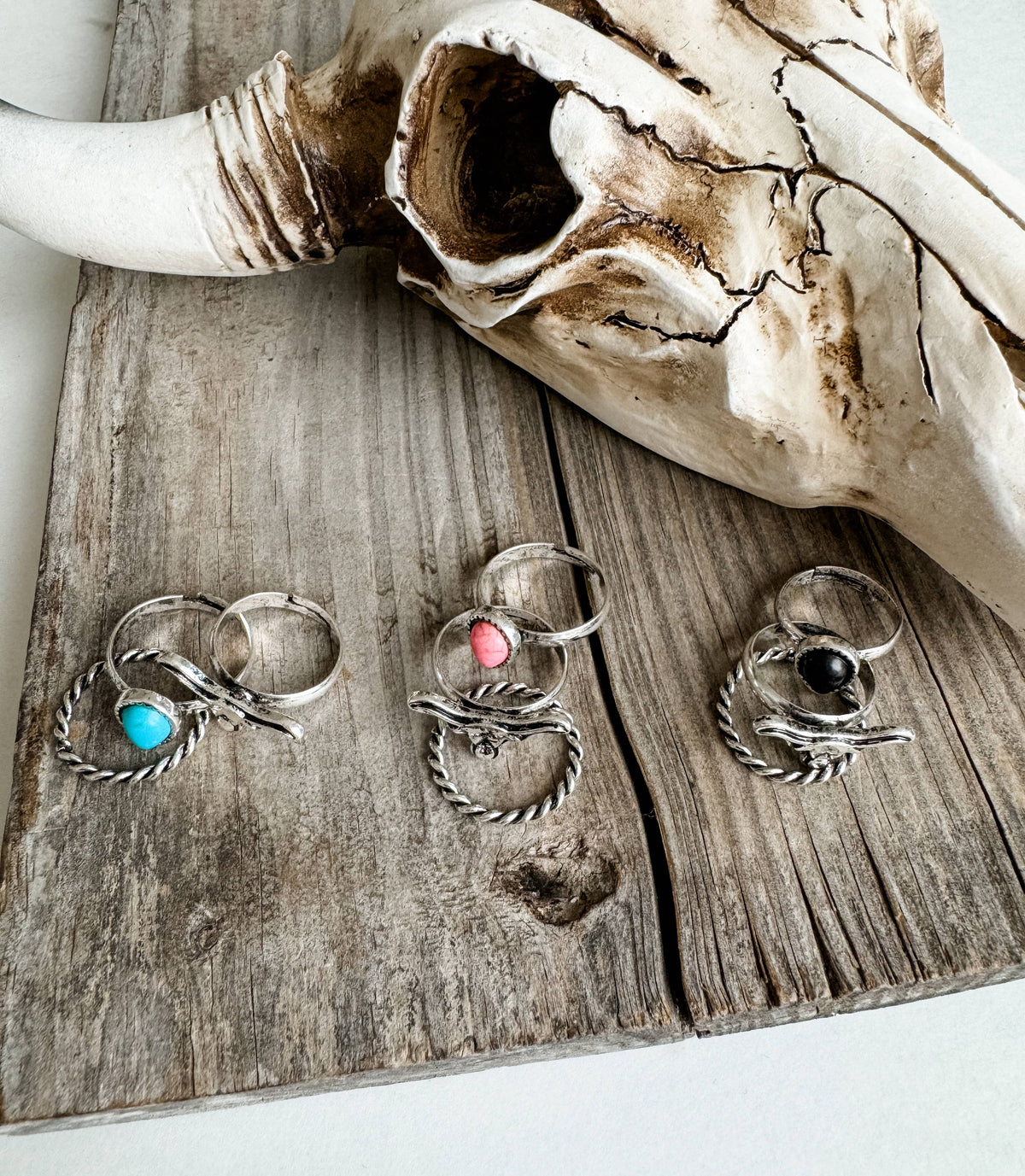 Western Statement 3 Piece Ring Set - Steer Longhorn Oval