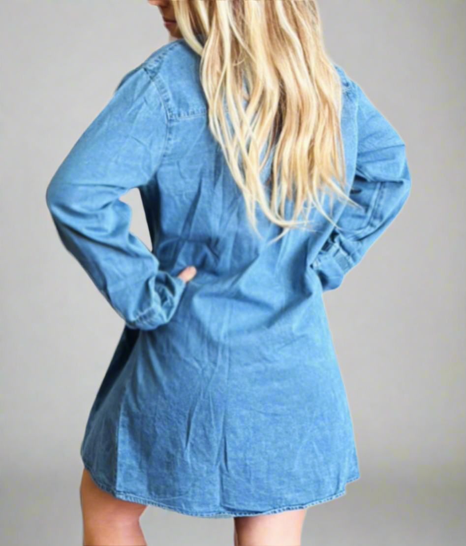 Washed Button Closure Denim Dress