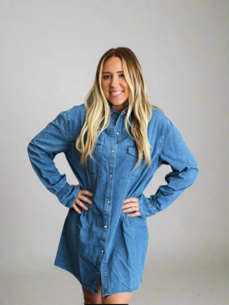 Washed Button Closure Denim Dress