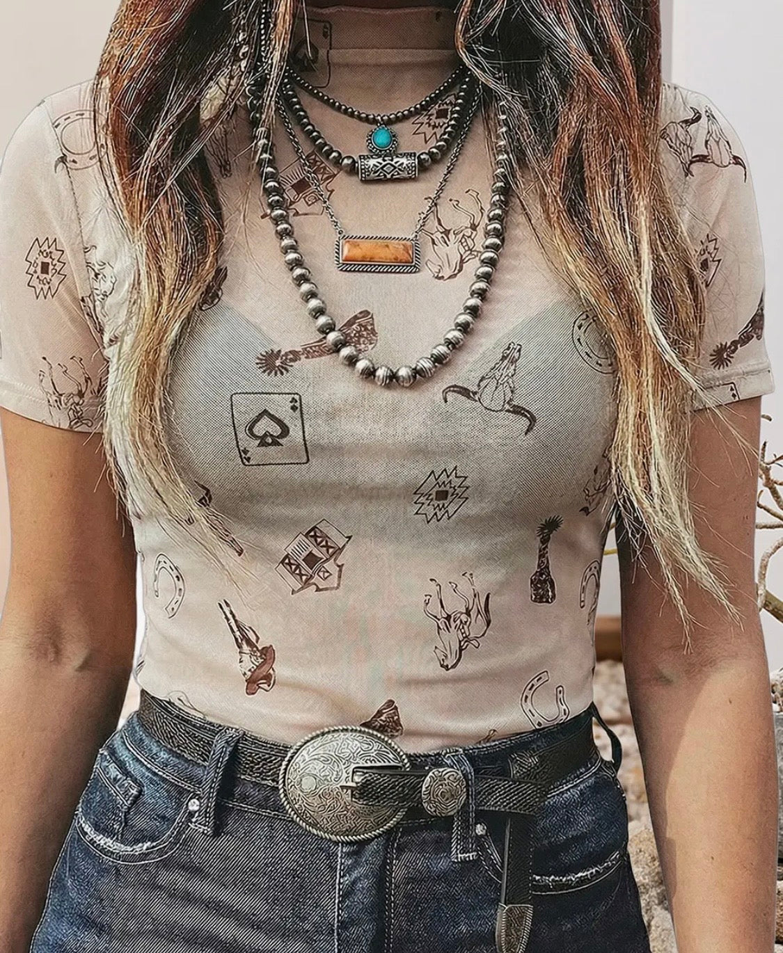 Western Printed Mesh Short Sleeve Top