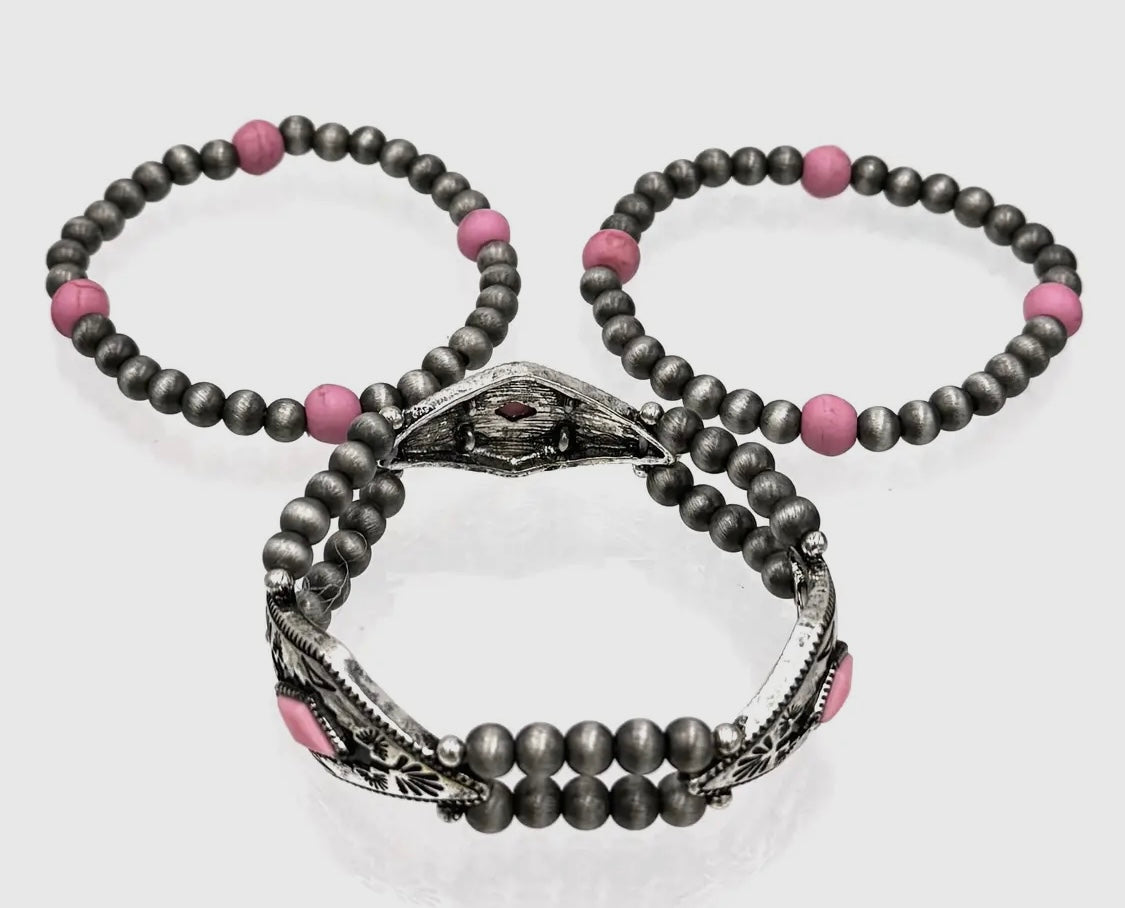 Aztec 3-Piece Pink Turquoise Stretch Bracelet Set