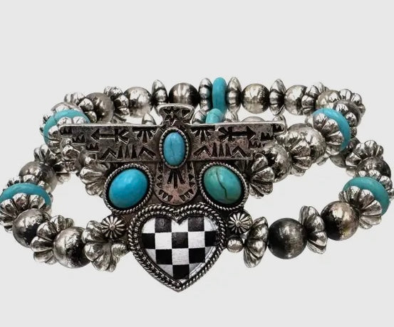 Checkered Thunderbird Heart Bead Bracelet