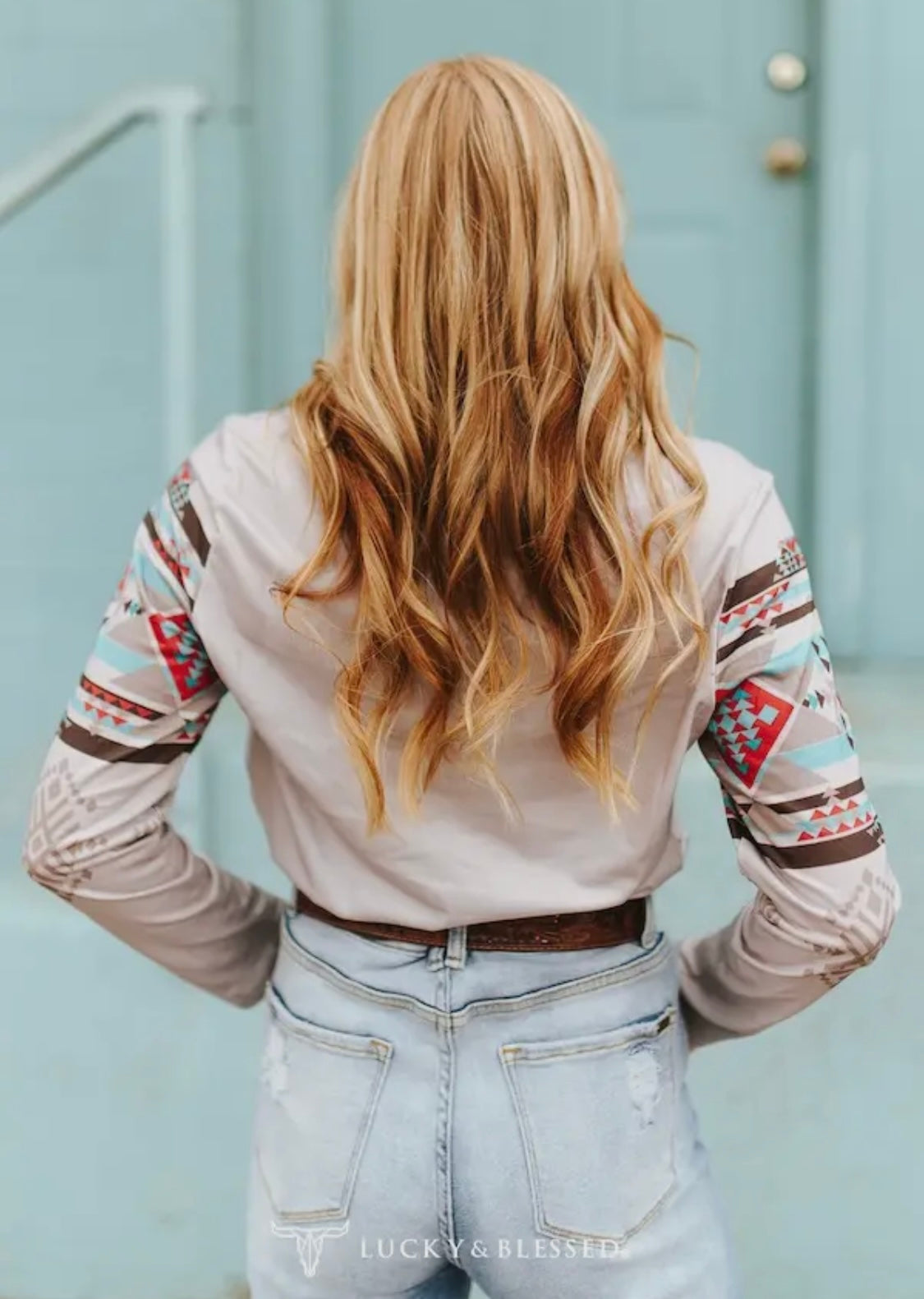 Light Grey Aztec Bucking Horse Long Sleeve Top