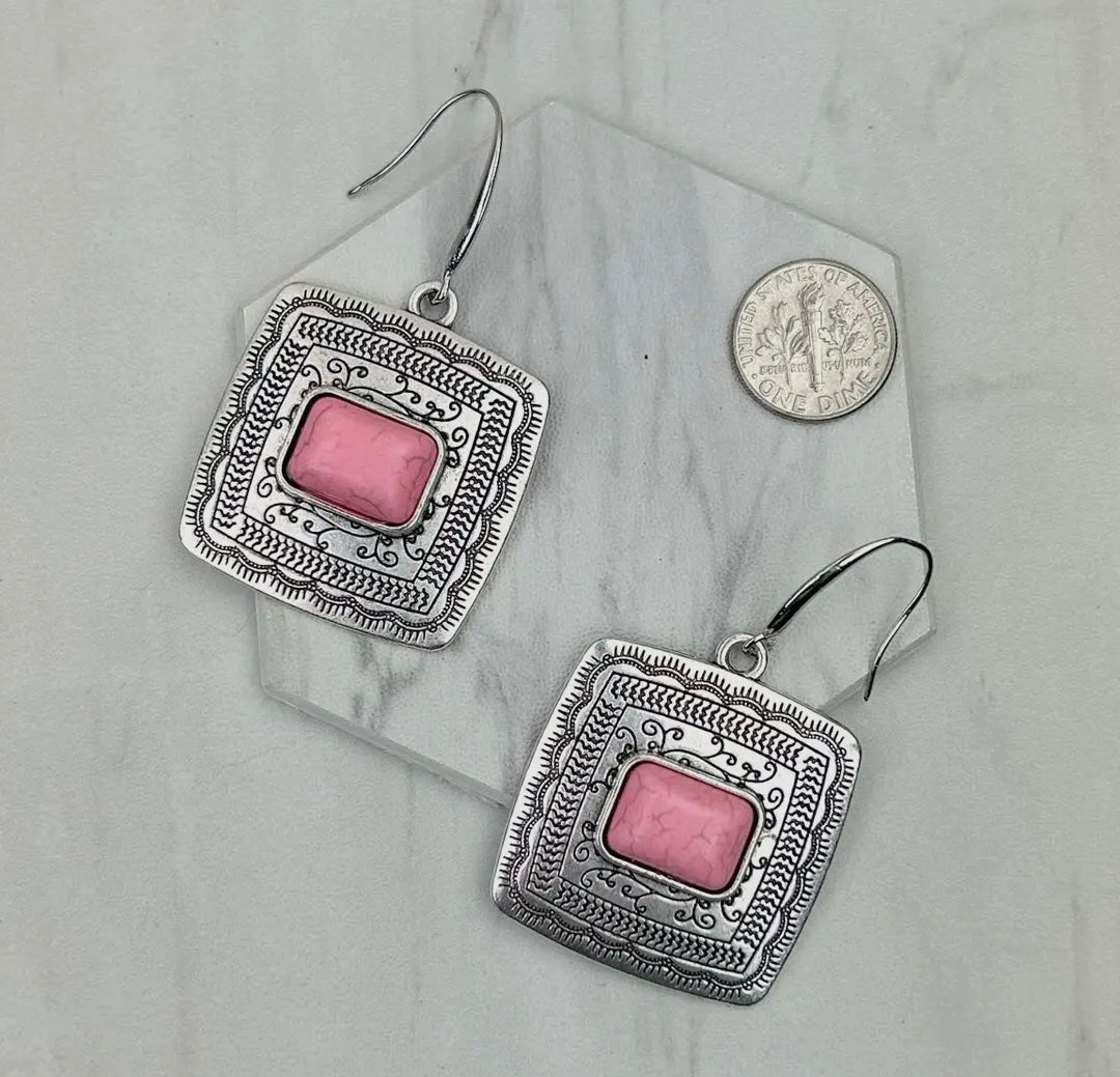Pink Turquoise Square Dangle Earrings