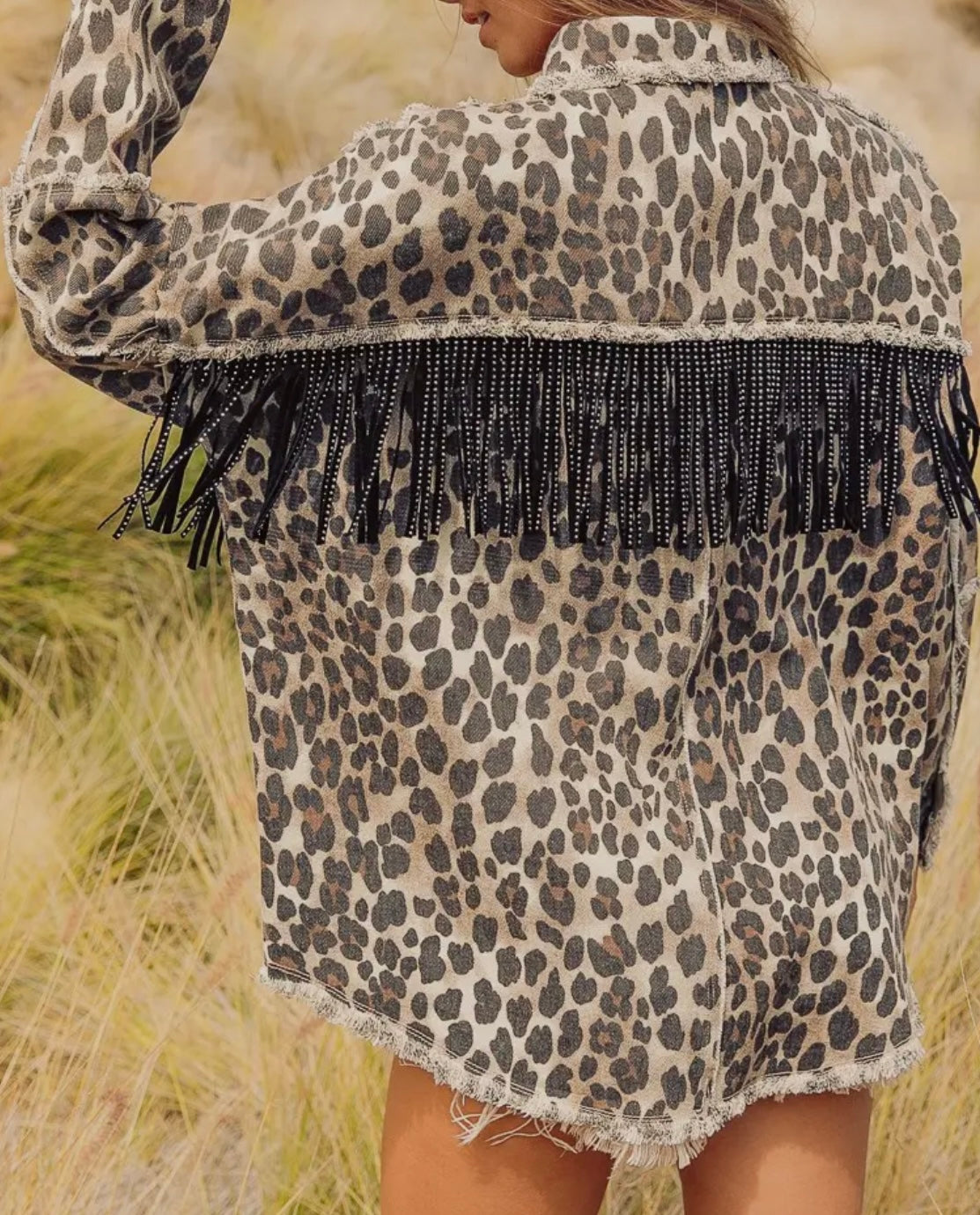 Leopard Fringed Oversized Denim Jacket