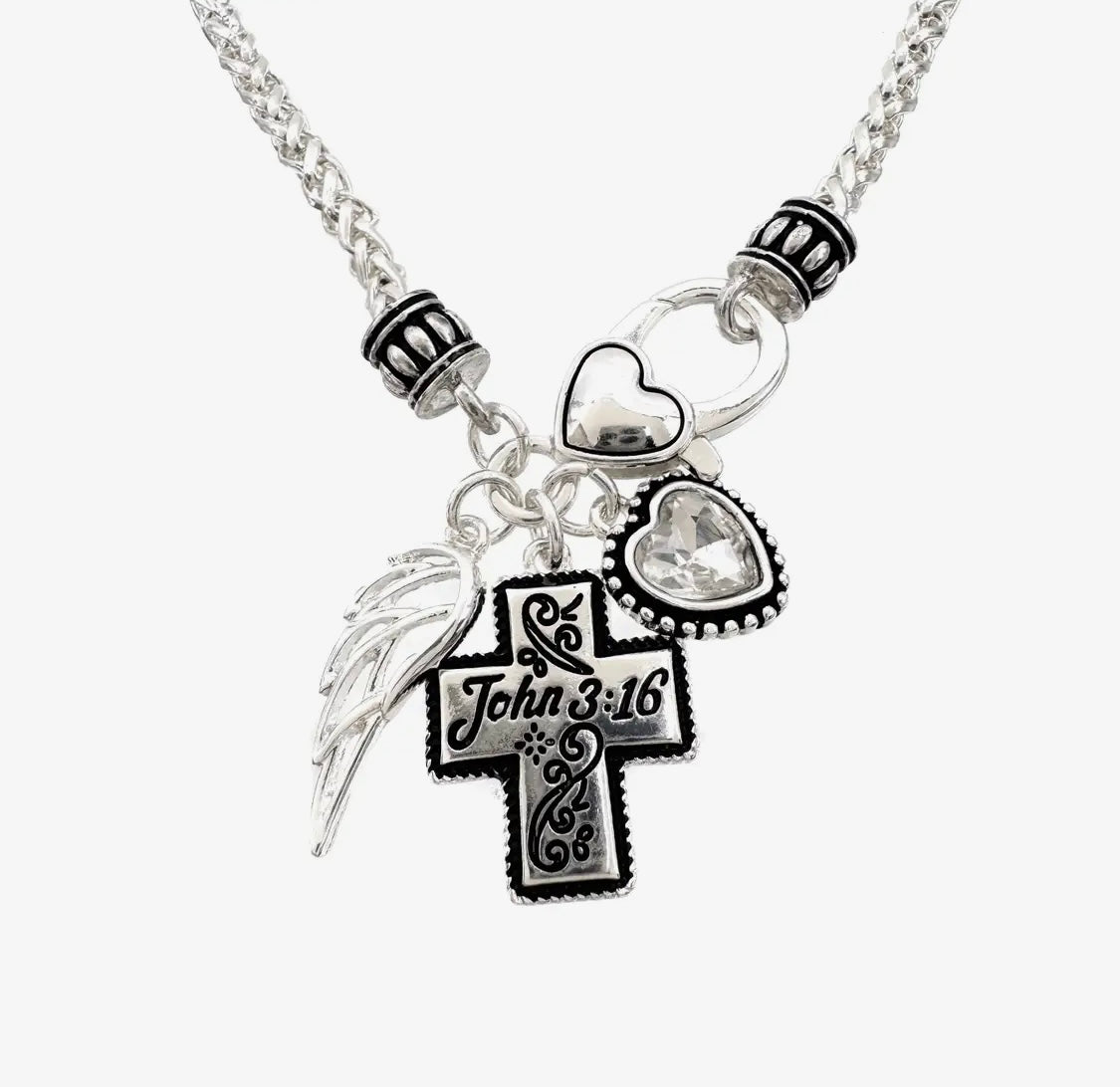 John 3:16 Cross Angelic Heart Necklace Set
