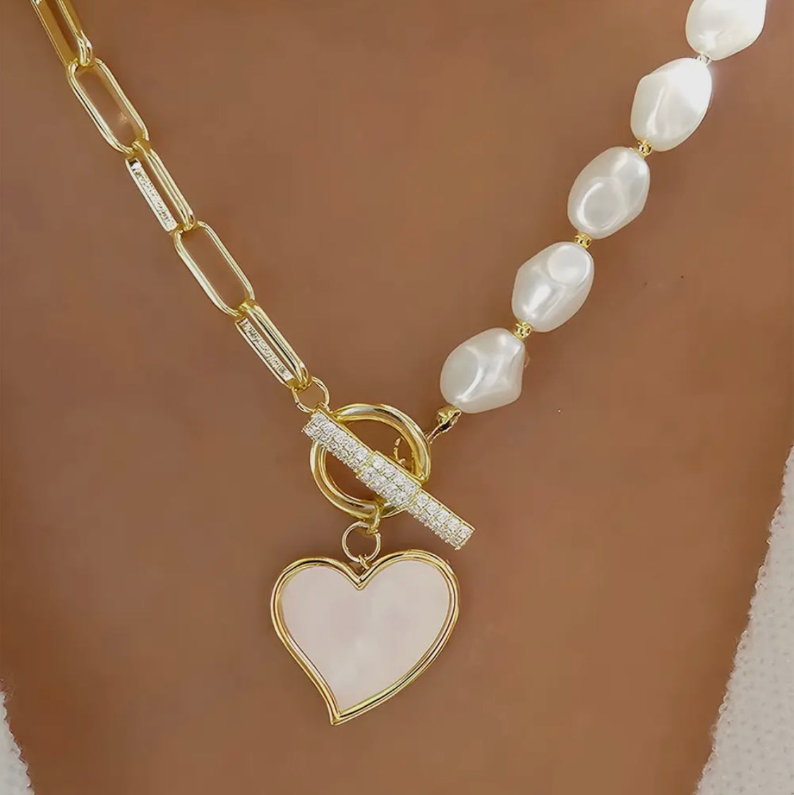 Gold, Rhinestone, & Pearl Heart Shape Necklace