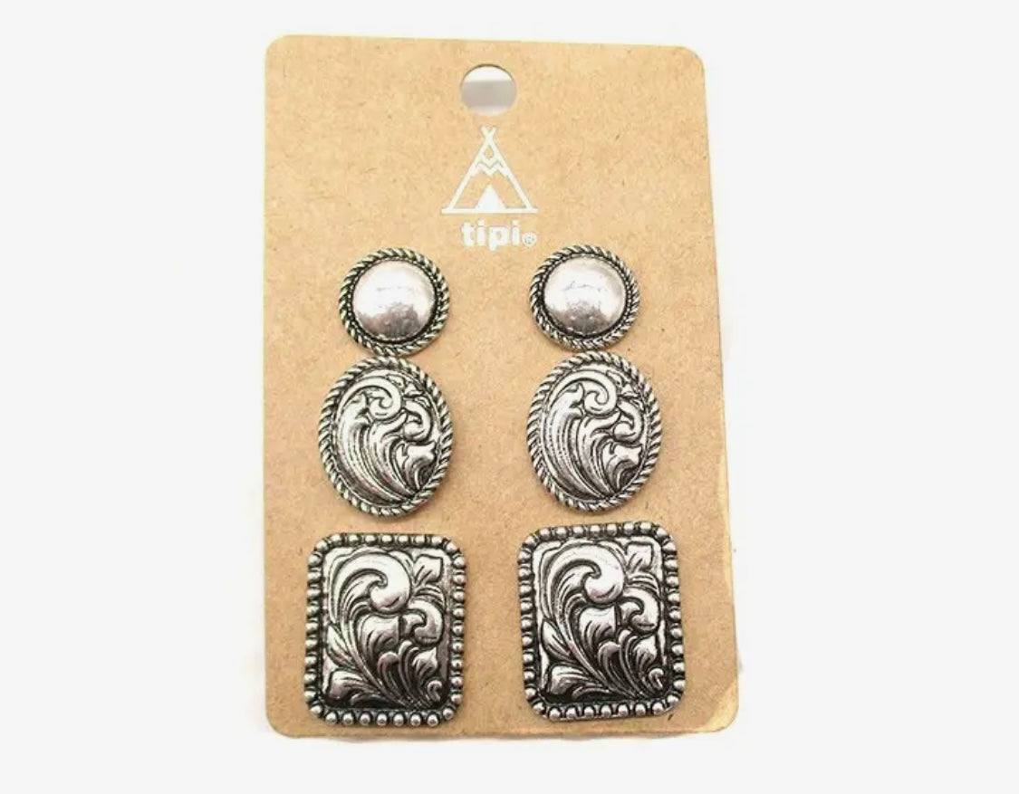 Western Etched Post Earrings-3 Sets