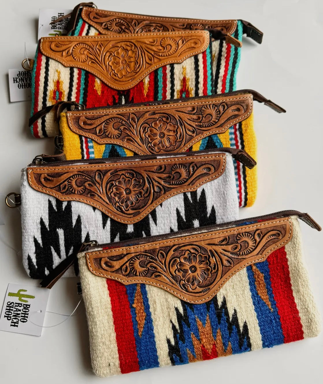 Western Aztec Fabric Tooled Leather Wristlet Purse