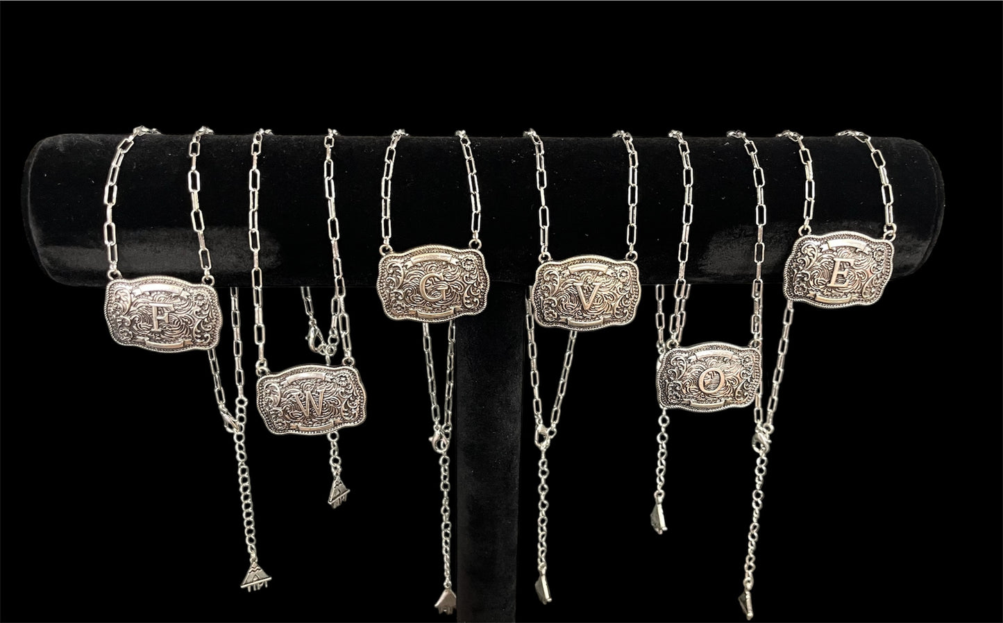 Western Belt Buckle Initial Necklace - Silver