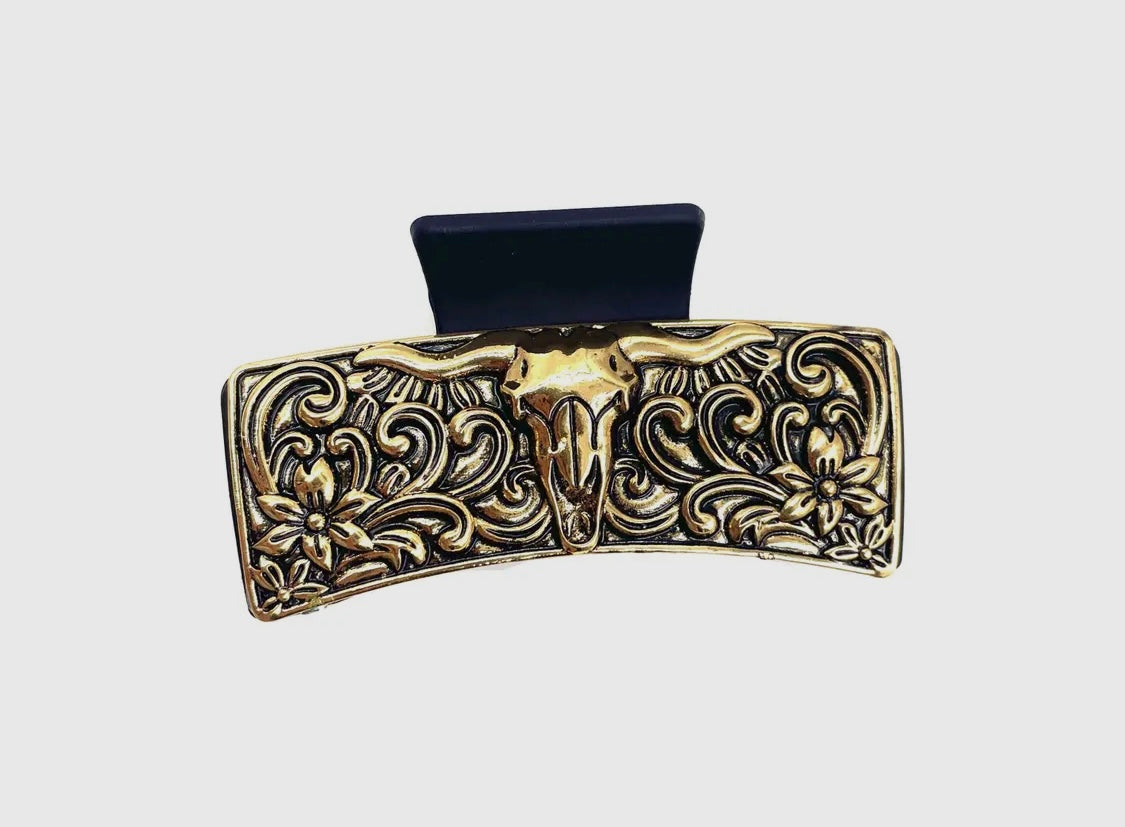 Western Steer Head Claw Hair Clip -Gold
