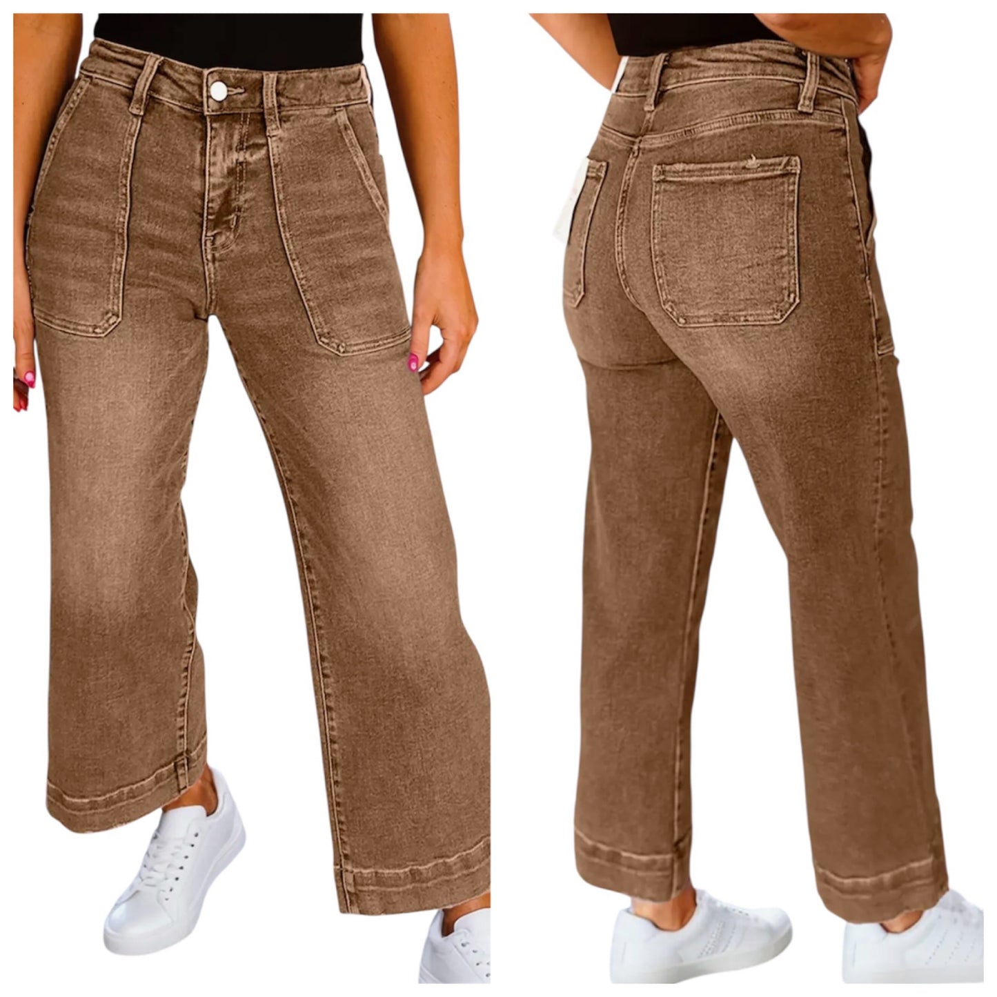 Cropped High Rise Wide Leg Brown Jeans