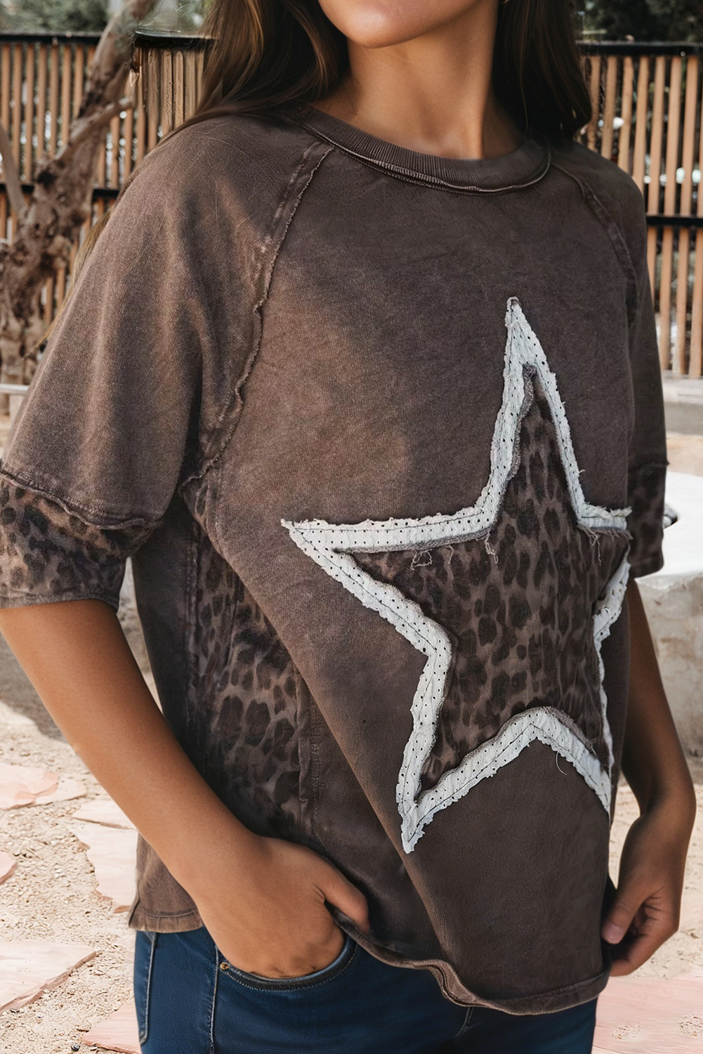 Mineral Wash Exposed Seam Leopard Star Patched Shirt (S-XL)