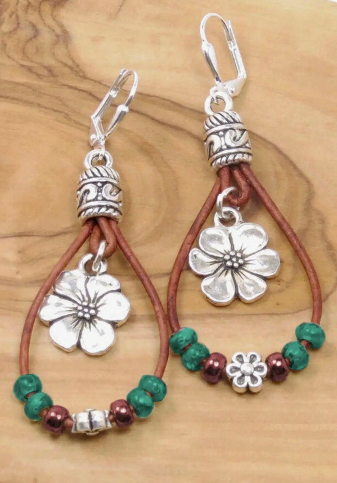 Leather Beaded Floral Earrings