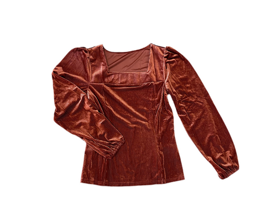 Velvet Ribbed Texture Square Neck Slim Puff Sleeve Top