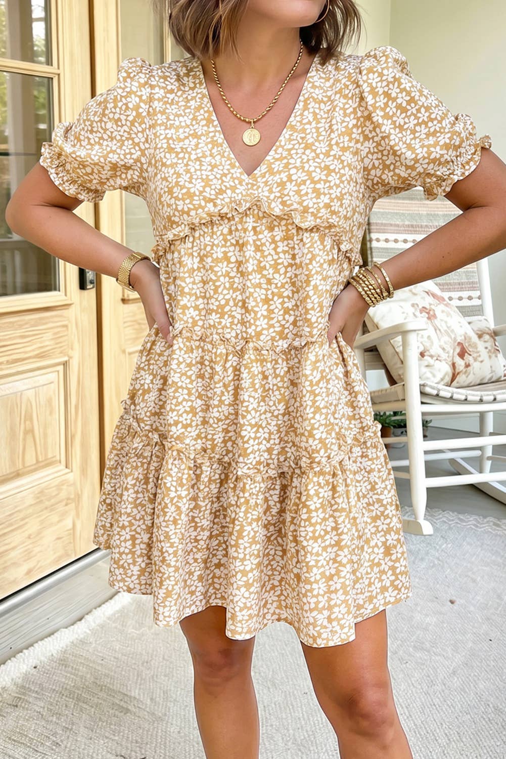 Floral Short Sleeve V Neck Frilly Tiered Mini Dress (S-XL)