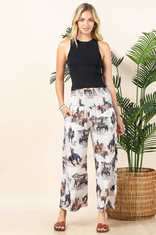 Western Print Elastic Smock Waist Pants