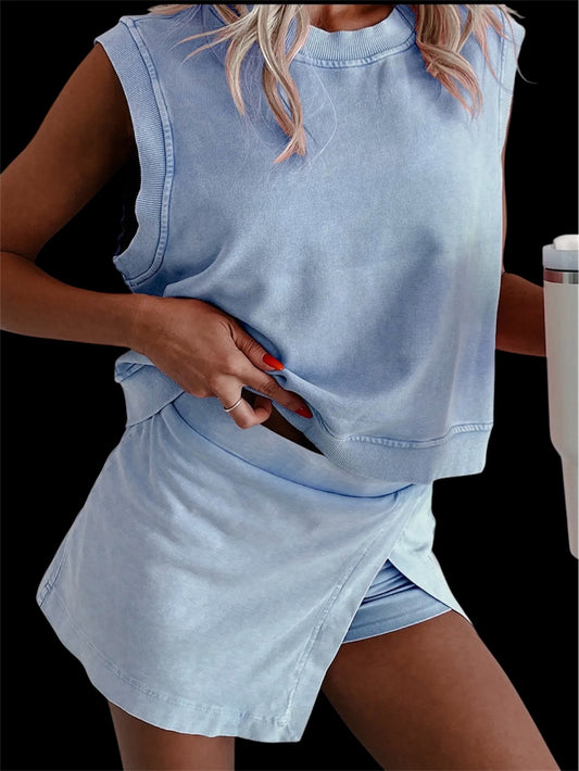 Sleeveless Top and Skort Two PieceSet Light Blue