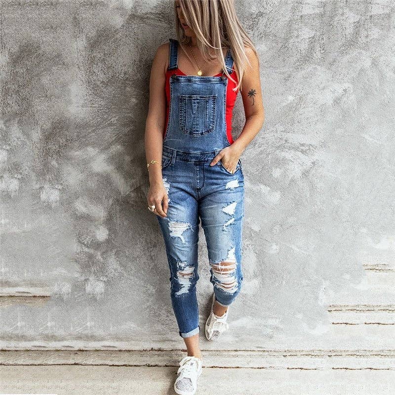 Retro Ripped Stretch Denim Overalls