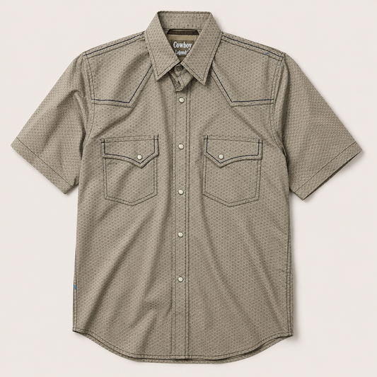 Men's Beige Geo Print Short Sleeve Cowboy Western Snap Shirt