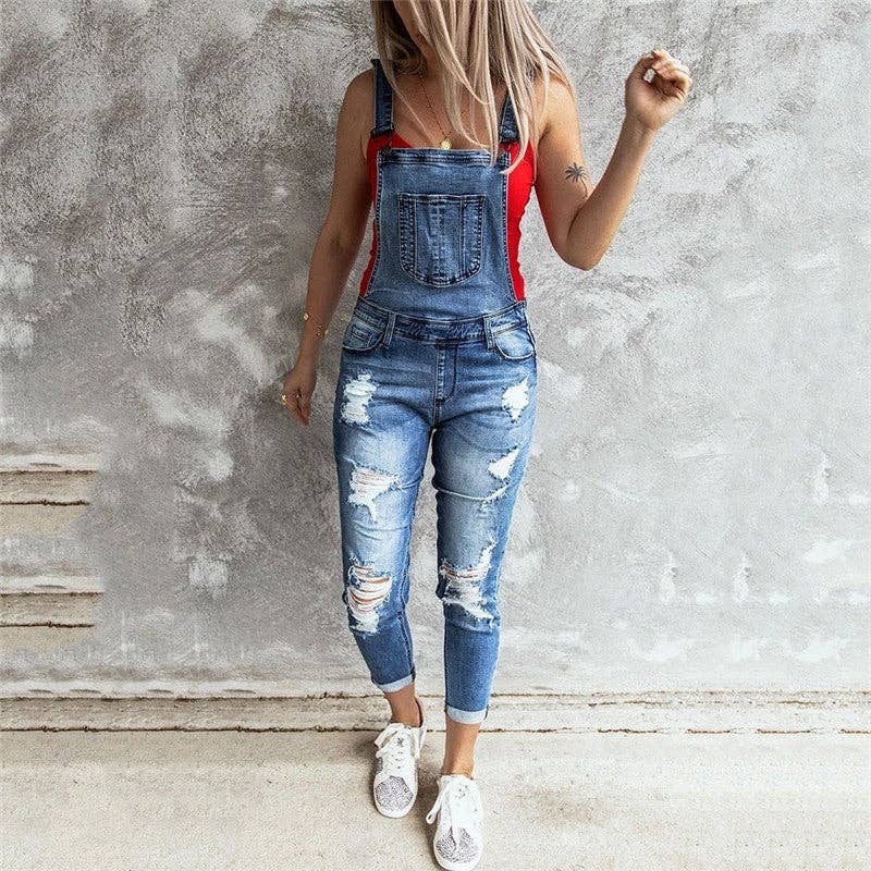 Retro Ripped Stretch Denim Overalls