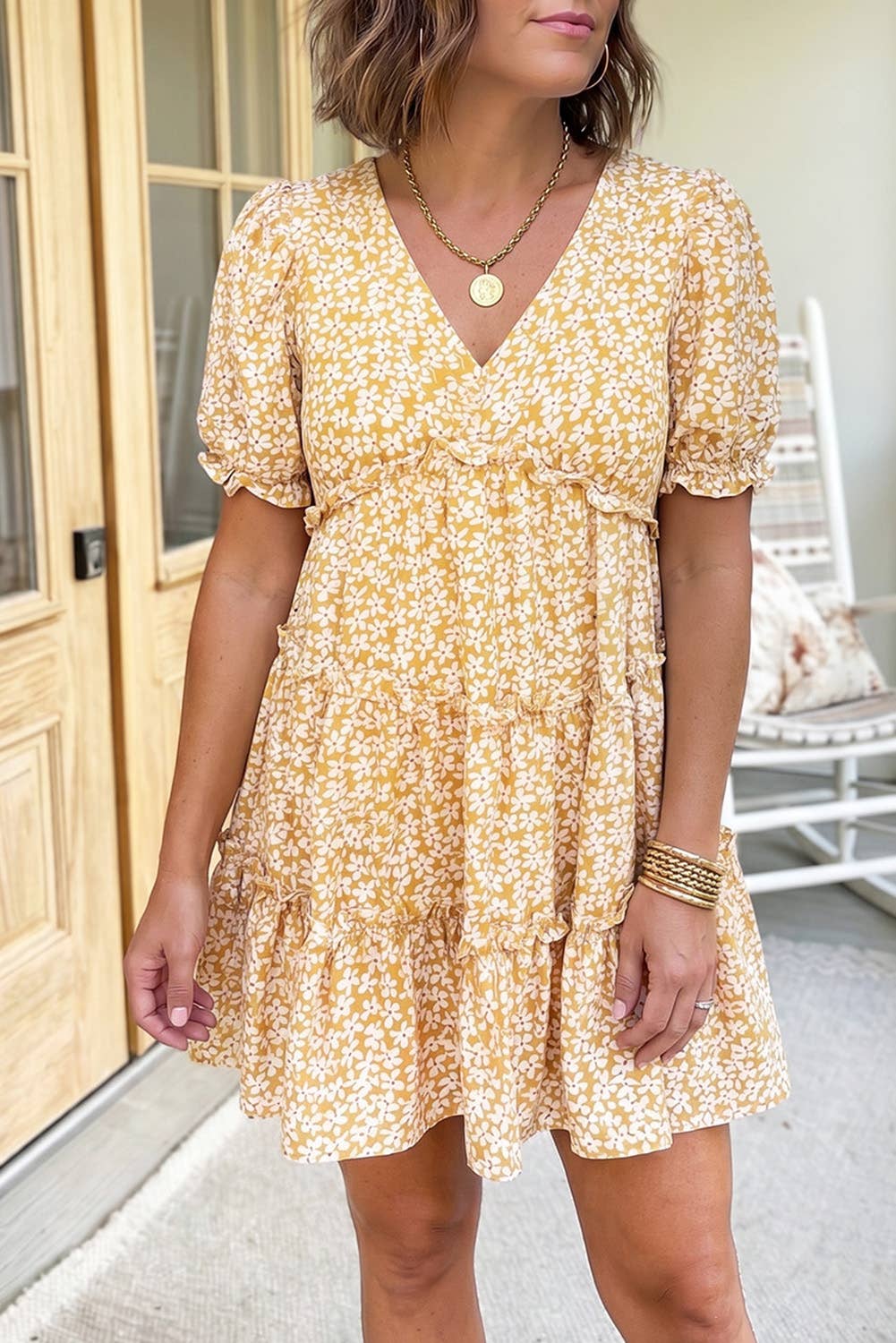 Floral Short Sleeve V Neck Frilly Tiered Mini Dress (S-XL)