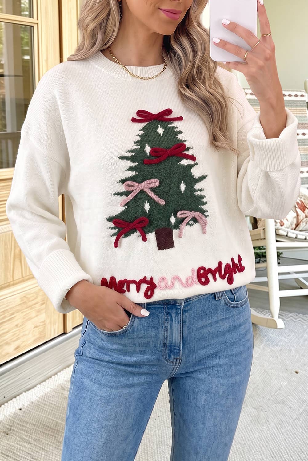 MERRY AND BRIGHT Christmas Tree Bow Knit Sweater (S-XL)