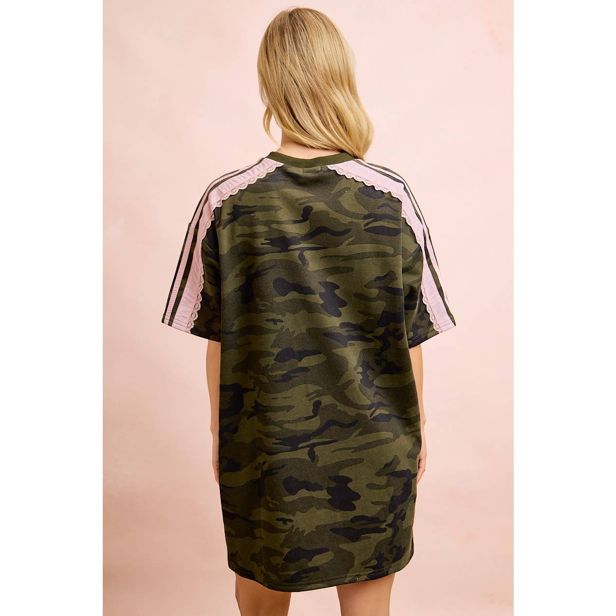 CAMO PRINTED TERRY SIDE LACE DETAIL DRESS WITH POCKET
