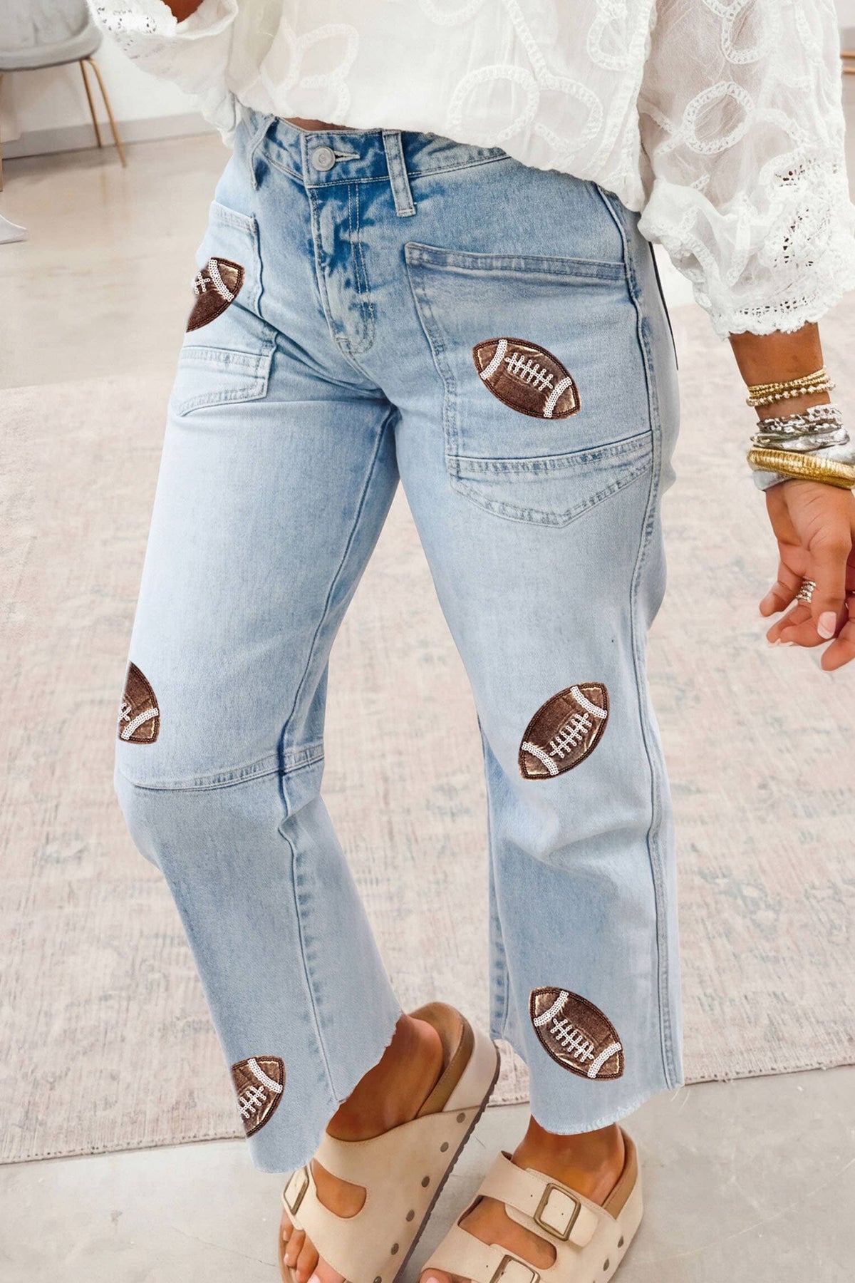 Sequin Game Day Patched Rugby Pattern Jeans (4-16)