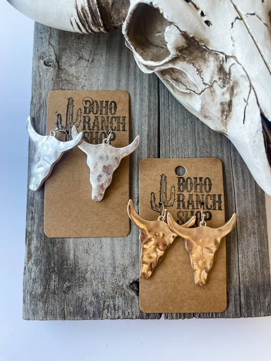 Hammered Steer Bull Head Earrings
