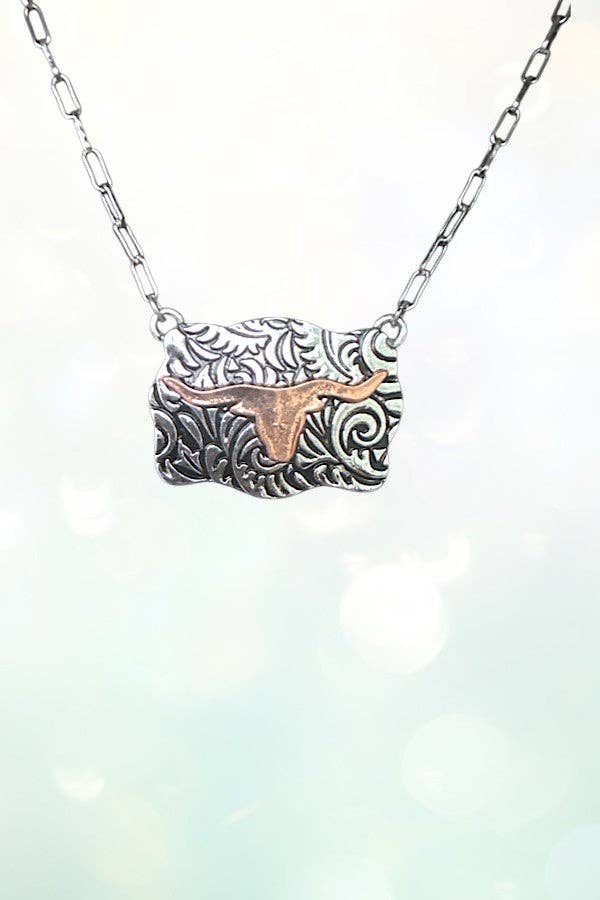 WESTERN TWO TONE STEERHEAD ETCHED PLATE PENDANT CHAIN NECKLACE