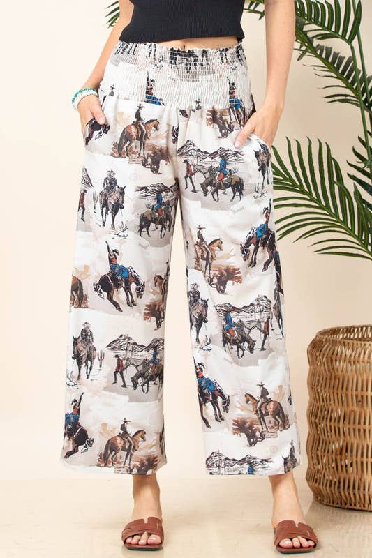 Western Print Elastic Smock Waist Pants