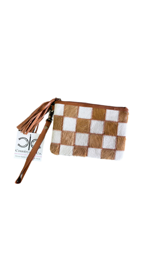 Checkered Cowhide Wristlet Pouch