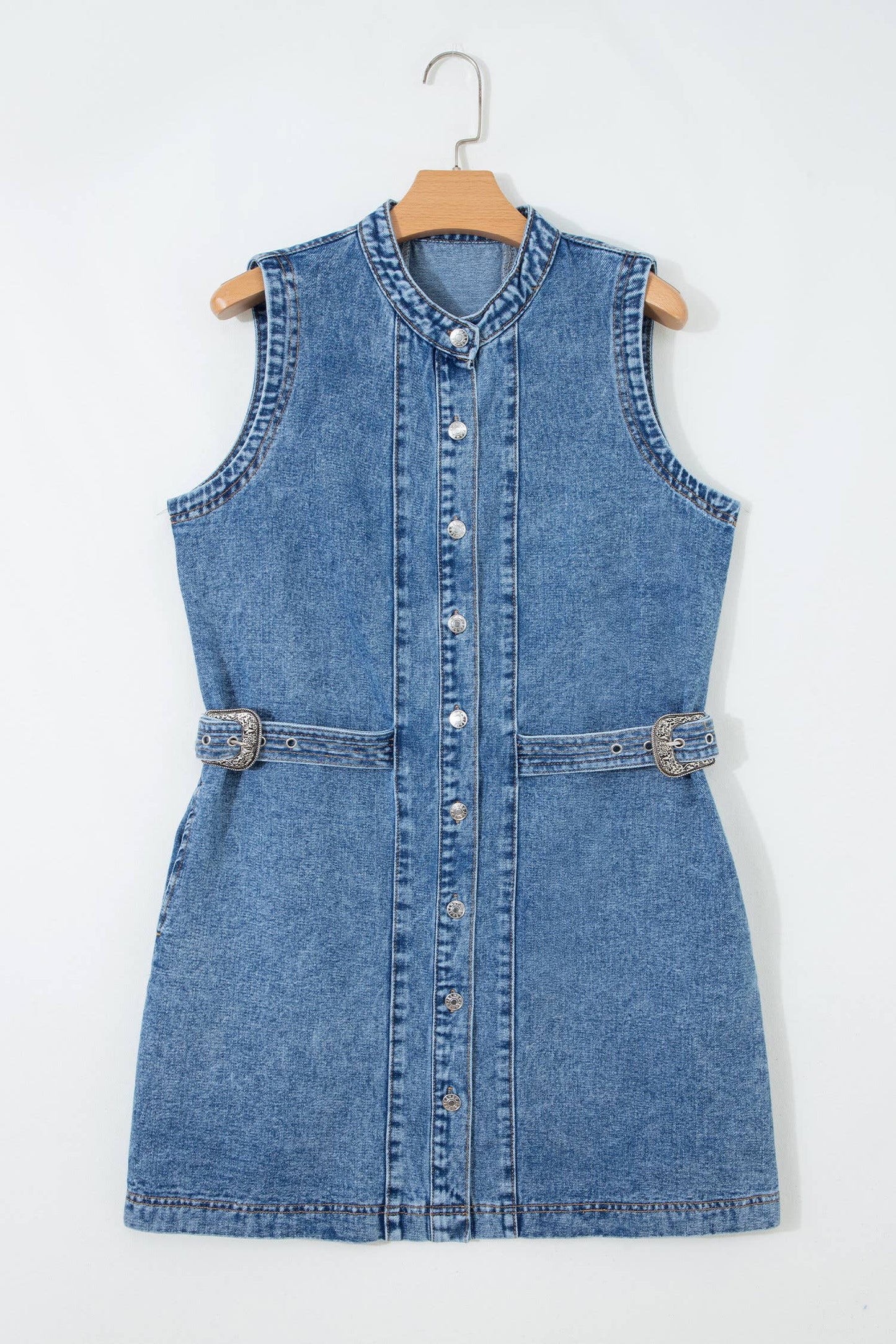 Western Belt Button Down Sleeveless Denim Short Dress (S-XL)