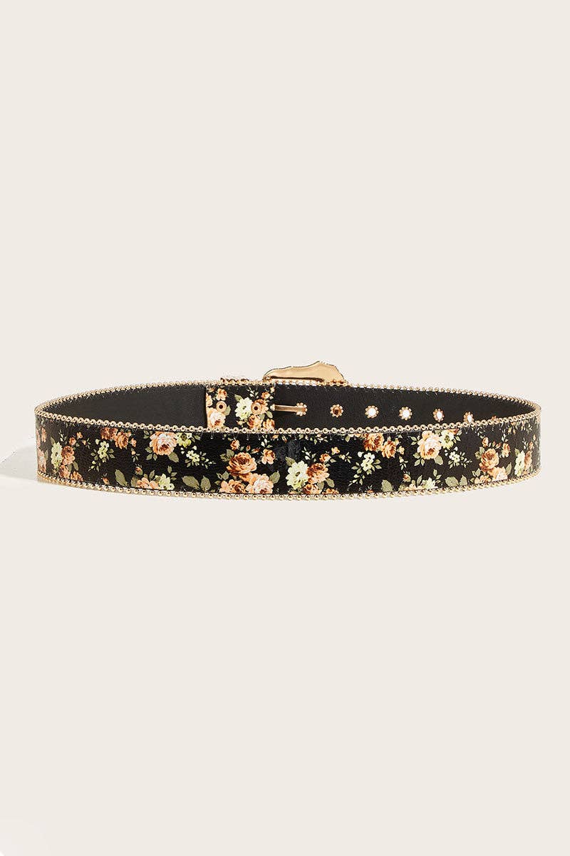 Floral Print Ornate Metal Belt
