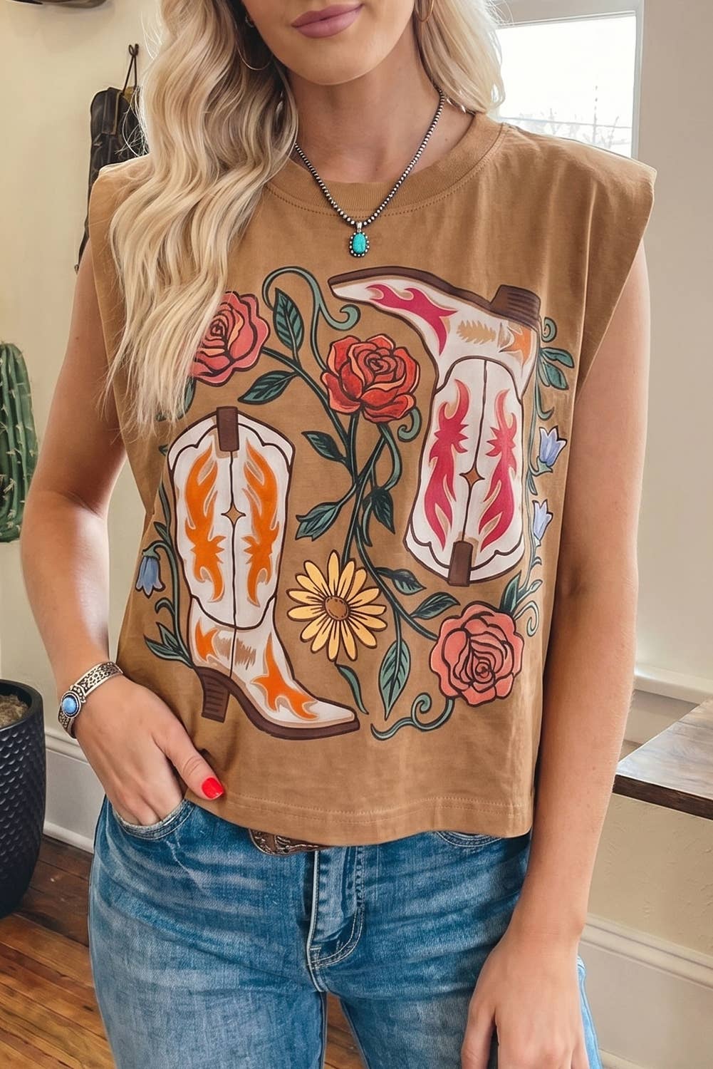 Western Floral Print Sleeveless Round Neck Top (S-XL)