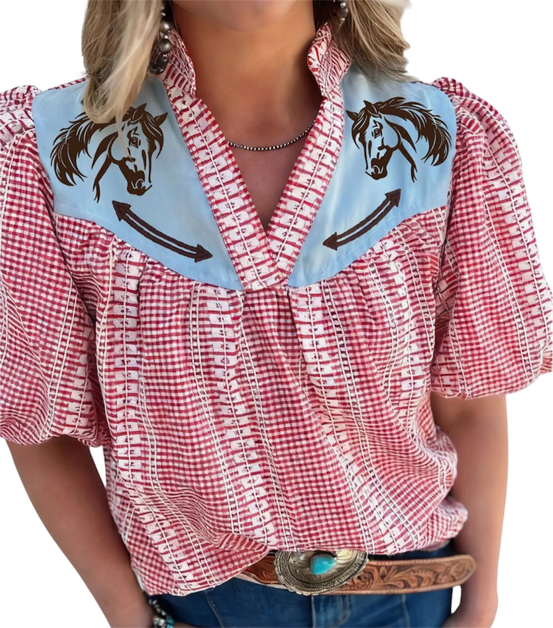 Western Embroidered Puff Sleeve Blouse