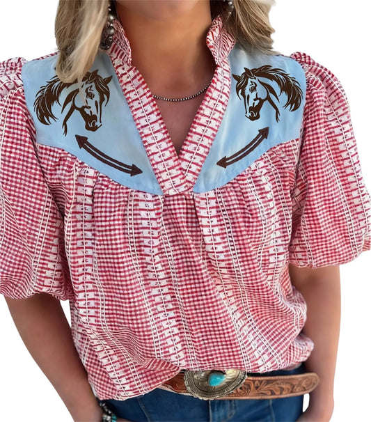 Western Embroidered Puff Sleeve Blouse