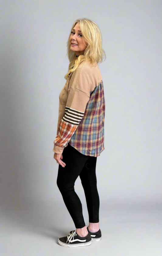 Western Waffle Stripe Plaid Patchwork Henley Knit Top