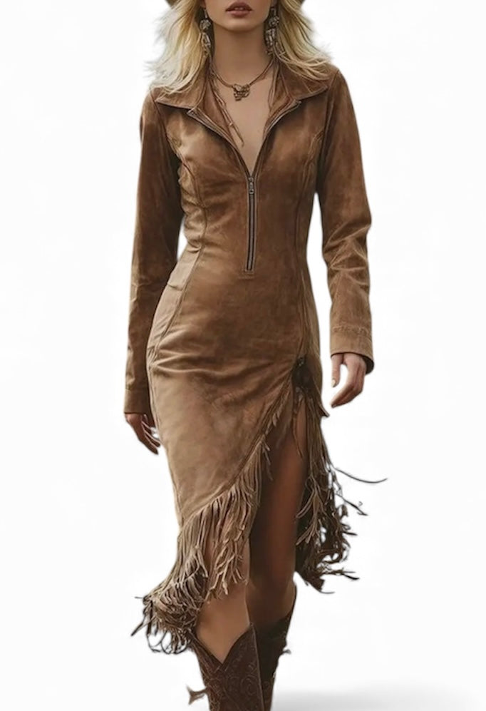 Suede Fringe Slim Fit Dress