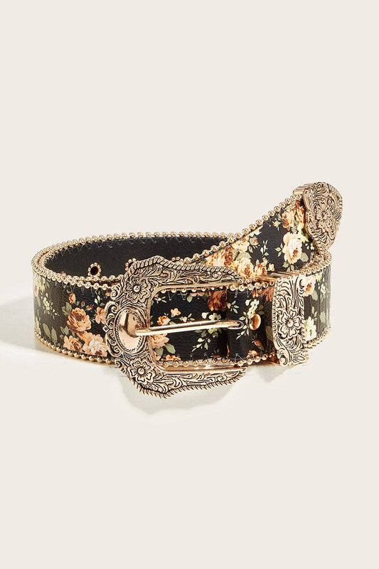Floral Print Ornate Metal Belt