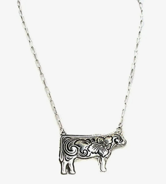 Western Etched Cow Necklace