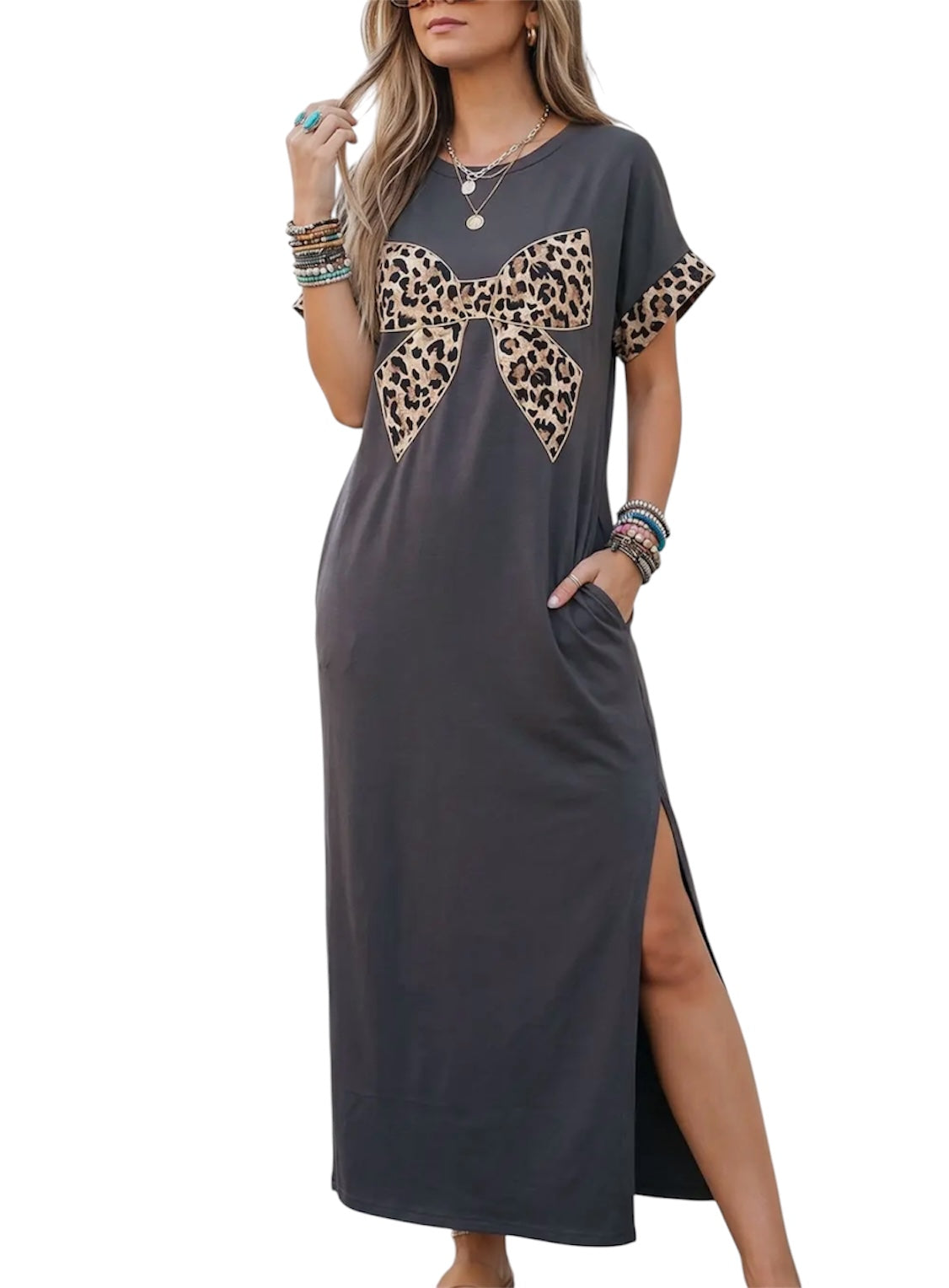 Leopard Bow T-Shirt Maxi Dress