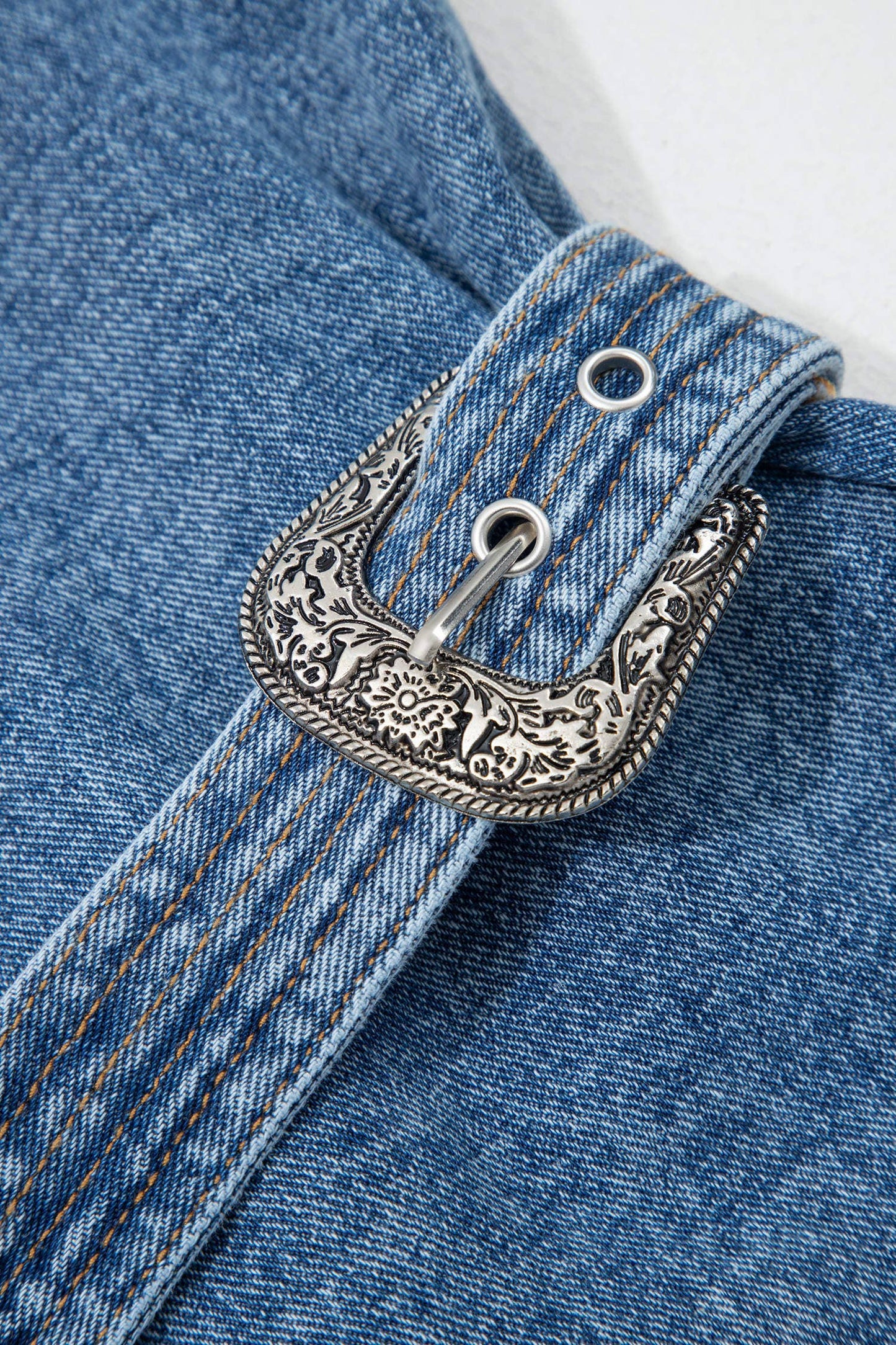 Western Belt Button Down Sleeveless Denim Short Dress (S-XL)
