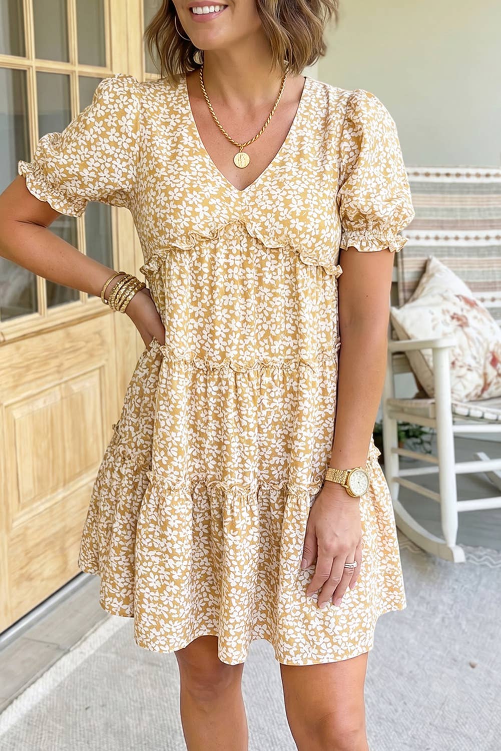 Floral Short Sleeve V Neck Frilly Tiered Mini Dress (S-XL)